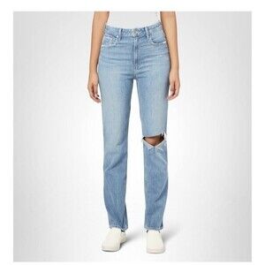PAIGE Light Blue Straight Leg Jeans with Knee Rip